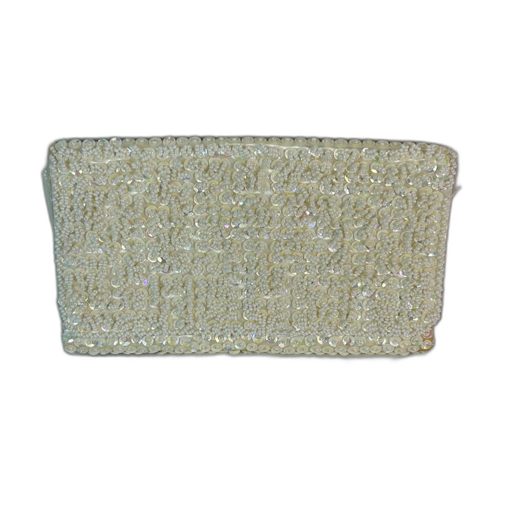 Hand Beaded Ivory Satin Sequin Vintage MCM Evening Bridal Clutch Bag